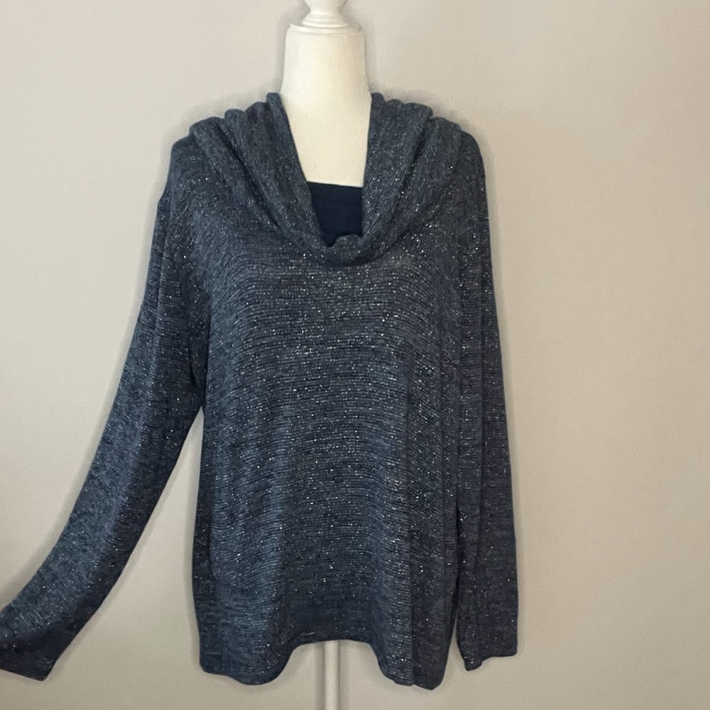 Chicos size 3  L 16 Blue and silver sparkly tunic sweater cowl neck (removable)